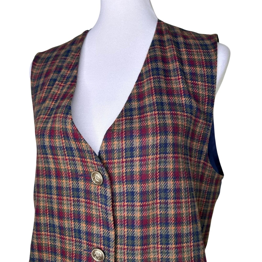 Vintage Dark Academia Casablanca Plaid Wool Blend Vest Womens Crest Button - Picture 2 of 8
